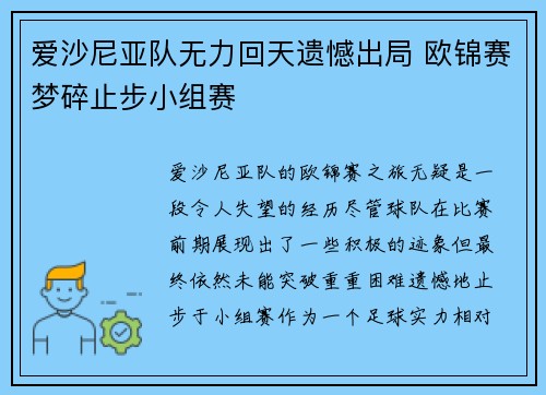 爱沙尼亚队无力回天遗憾出局 欧锦赛梦碎止步小组赛