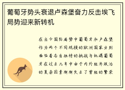 葡萄牙势头衰退卢森堡奋力反击埃飞局势迎来新转机