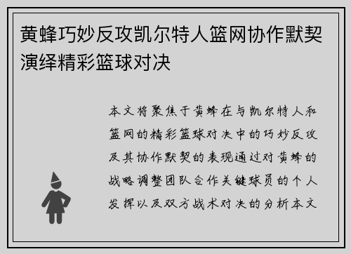 黄蜂巧妙反攻凯尔特人篮网协作默契演绎精彩篮球对决